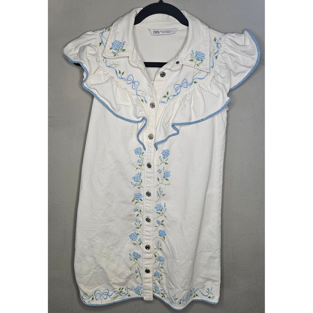 Zara White Denim Mini Dress Blue Floral Bow Embroidery Ruffle XS Cottagecore
